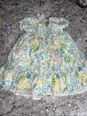 Joie Girls Floral Smocked Dress - Aqua, Yellow & Peach